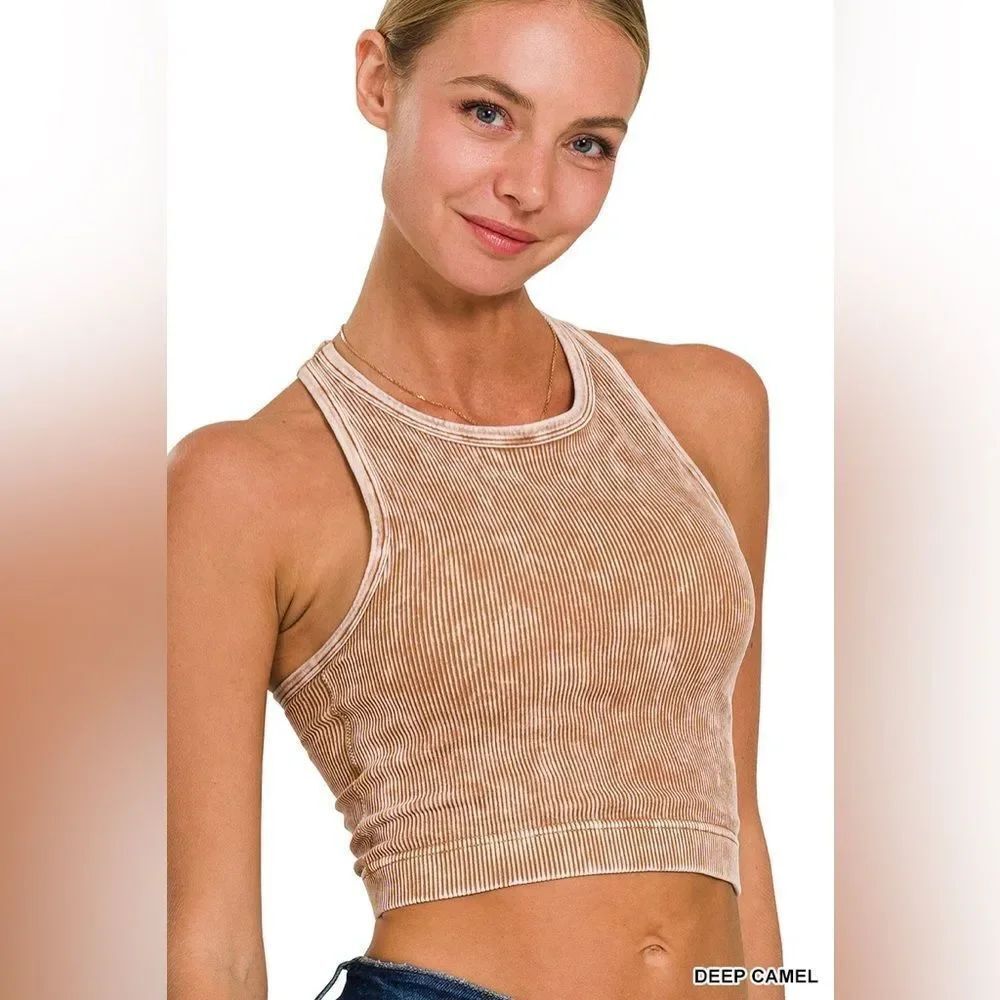 Zenana Outfitters Deep Camel Knit Crop Top Ntw-6190a